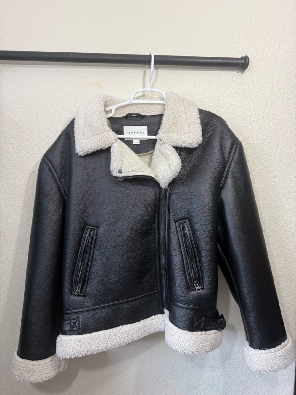 Aeropostale Black Faux Leather Jacket with Cream Sherpa